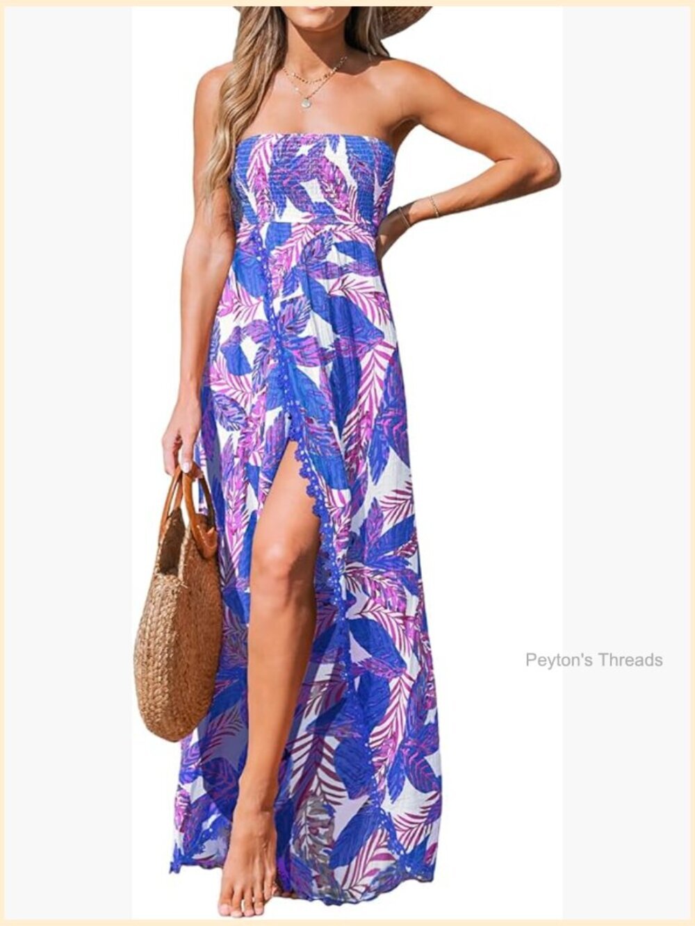 Sleeveless Lace Smocked Strapless Slit Maxi Dress Summer Formal
